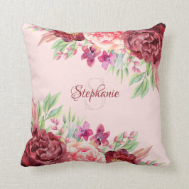 Burgundi  Blommigt Namn Monogram Kudde