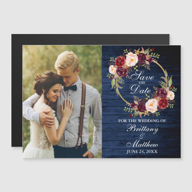 Burgundi Blommigt Utandningsblått trä Spara datum Magnetisk Inbjudningskort (Fram/baksida)