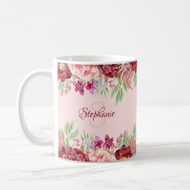 Burgundi  Blommigt Vattenfärgsmonogram Namn Kaffemugg (Vänster)