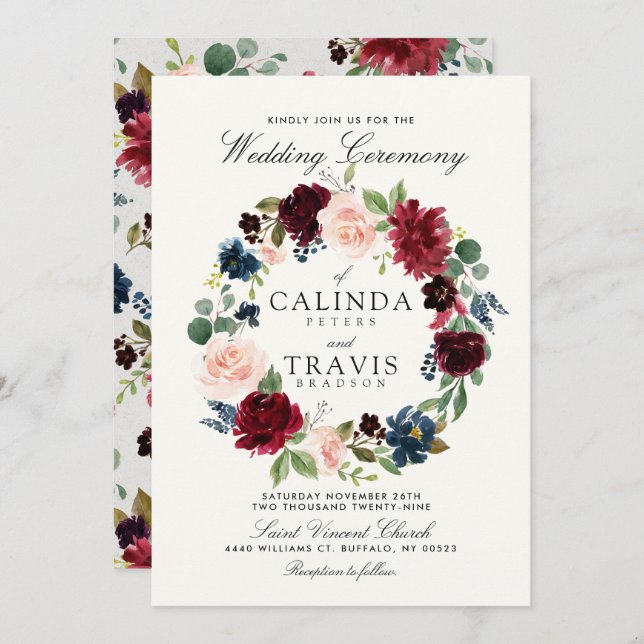 Burgundi Bouquet Utandning| Blommigt Bröllop Inbjudningar (Fram/baksida)