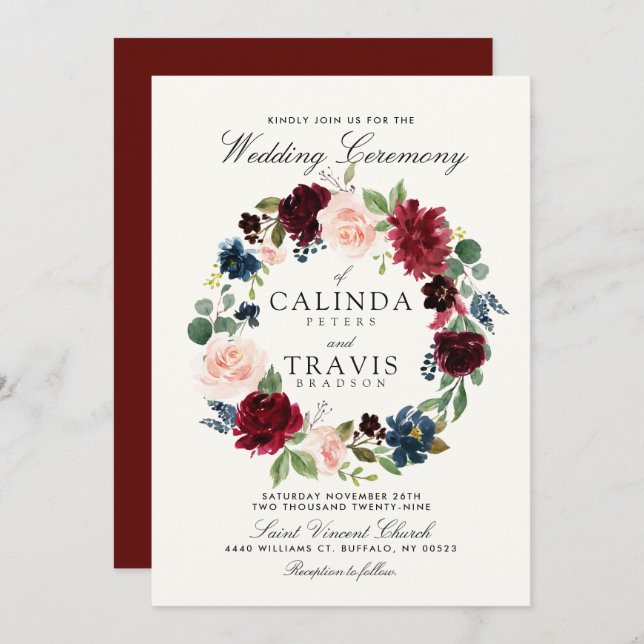 Burgundi Bouquet Utandning| Rött bak Bröllop Inbjudningar (Fram/baksida)