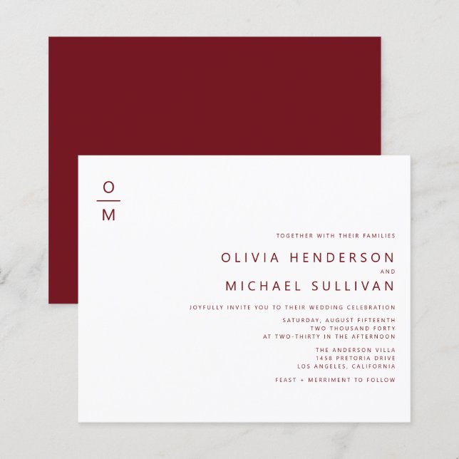 Burgundi-minimalistisk monogrambröllop-inbjudan (Fram/baksida)