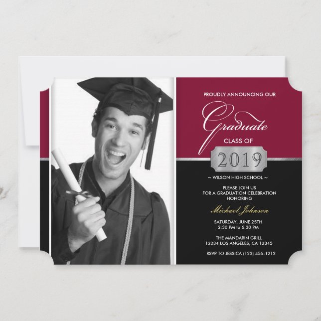 Burgundi och Black Modern klass 2019 Studenten Inbjudningar (Framsida)
