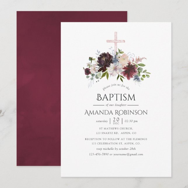 Burgundi och  Blommigt Baptism eller Christening Inbjudningar (Fram/baksida)