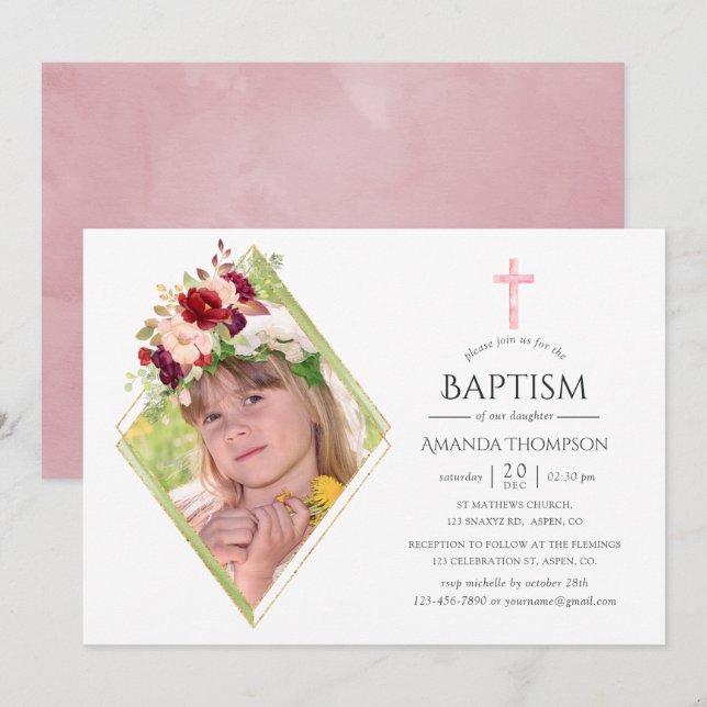Burgundi och  geometrisk baptism eller förtjusning inbjudningar (Fram/baksida)