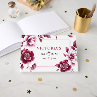 Burgundi-peonier och tredubbel gräns-flicka-baptis gästböcker