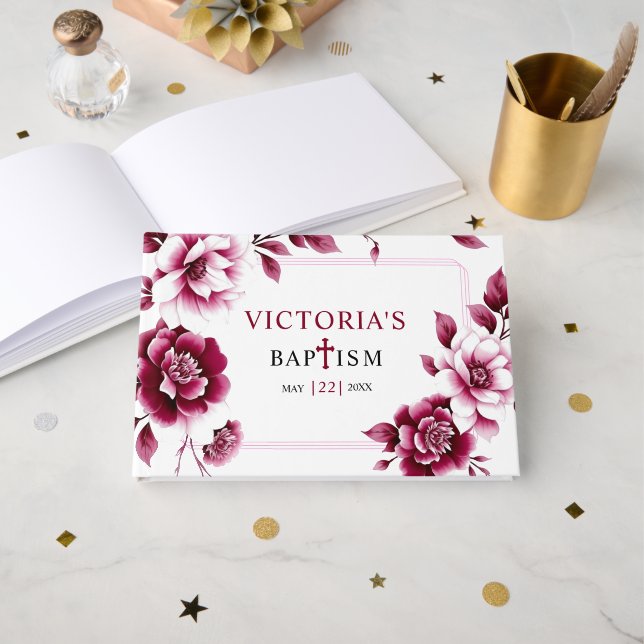 Burgundi-peonier och tredubbel gräns-flicka-baptis gästböcker (Framsida öppen)