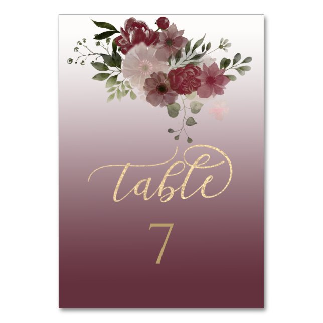 Burgundisk akvarellblomma guld kalligrafi bordsnummer (Framsidan)