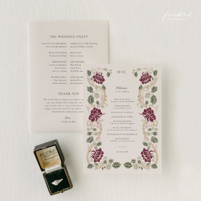 Burgundisk Art Nouveau bröllopsdekor Program (Burgundy Floral Art Nouveau Wedding Program)