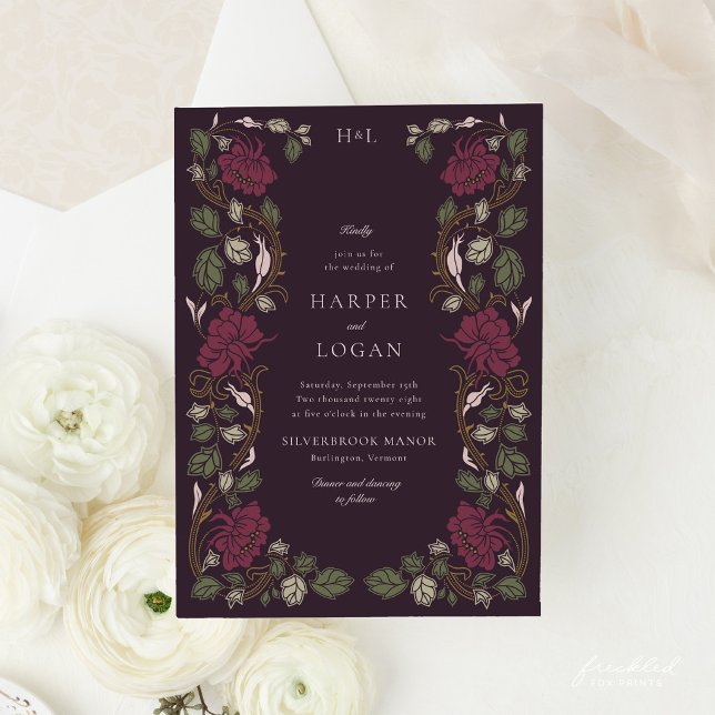 Burgundisk Art Nouveau bröllopsinbjudan Inbjudningar (Burgundy Floral Art Nouveau Wedding Invitation)