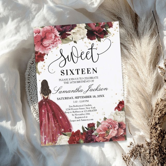  burgundisk blomkruka, prinsessa inbjudningar (Blush burgundy maroon flowers princess dress invitation)