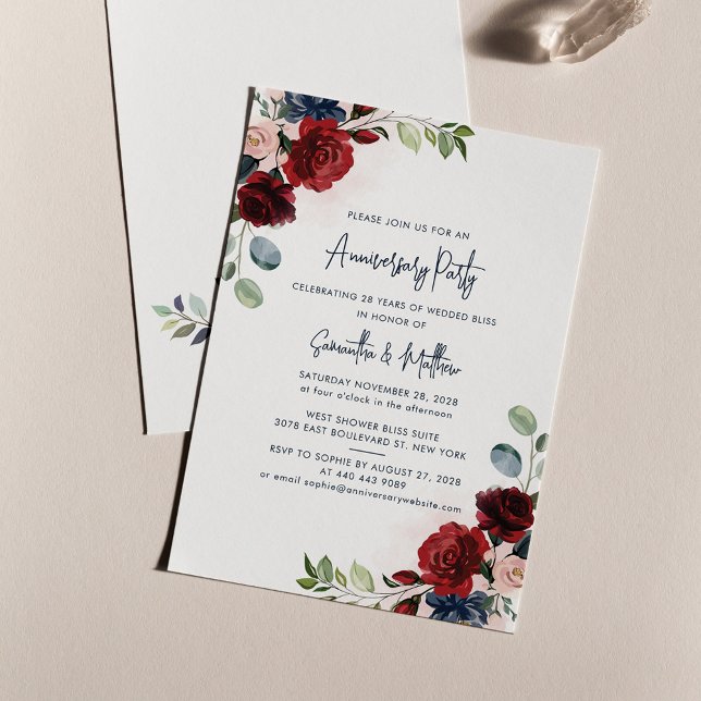 Burgundisk blommande bröllopsjubileumfest inbjudningar (Burgundy Floral Eucalyptus Wedding Anniversary Invitation)