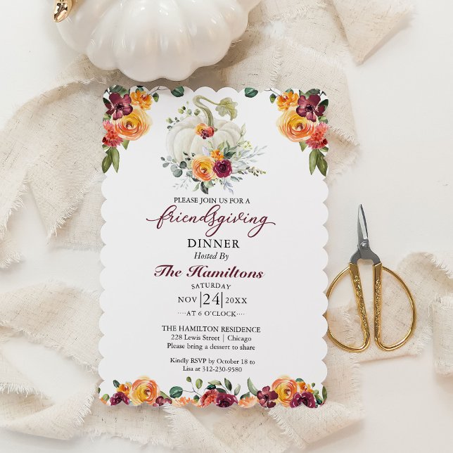 Burgundisk blommig Friendsgiving middagsinbjudan (Skapare uppladdad)