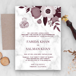 Burgundisk Blommig och Vit Marmor Islamisk Bröllop Inbjudningar