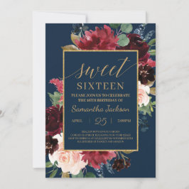 burgundisk blommigt boho sweet sixteen inbjudningar