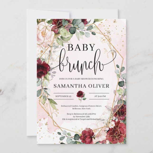  burgundisk blommigt guld geometrisk baby brunch inbjudningar (Framsida)