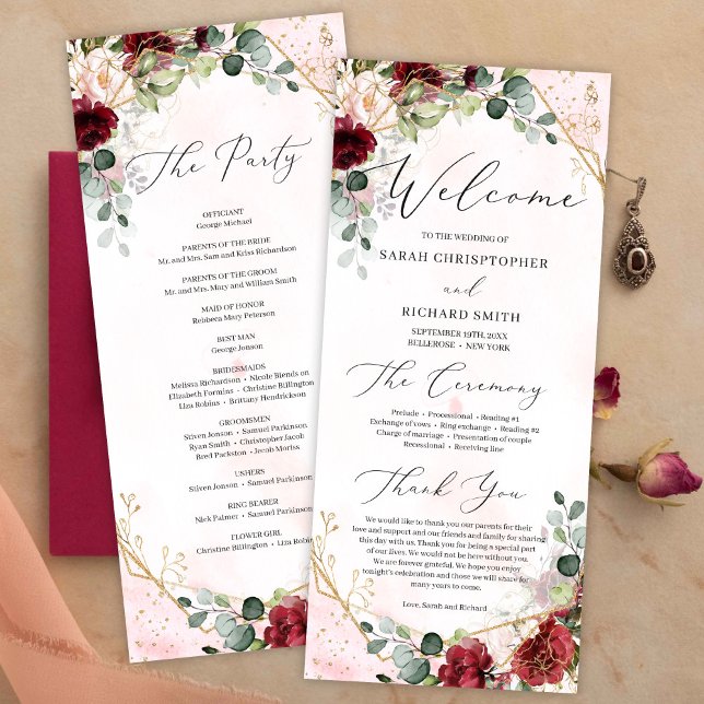  burgundisk blommigt guld geometrisk boho bröllop program (Chic deep red merlot flowers roses mixed eucalyptus greenery and gold geometric wedding program )