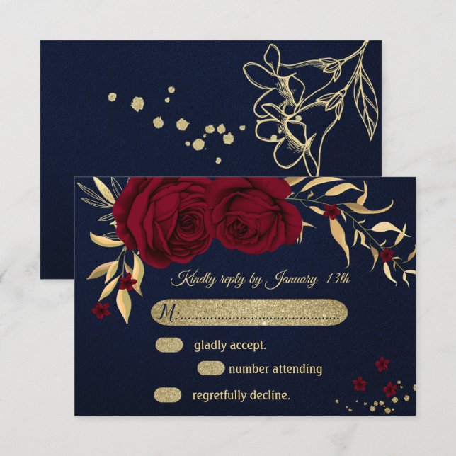 burgundisk blommigt, marinblått, guld OSA kort (Fram/baksida)