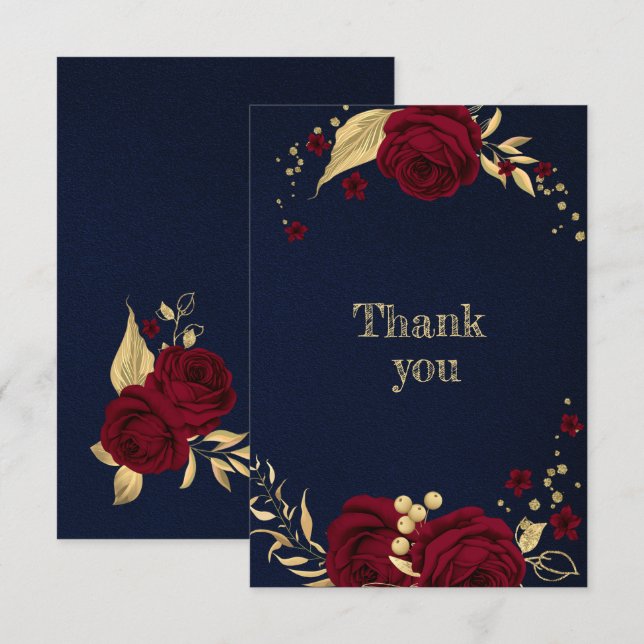 burgundisk blommigt, marinblått, guld tack kort (Fram/baksida)