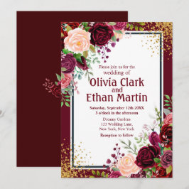 Burgundisk Blommigt med Guld Glitter Konfetti Inbjudningar