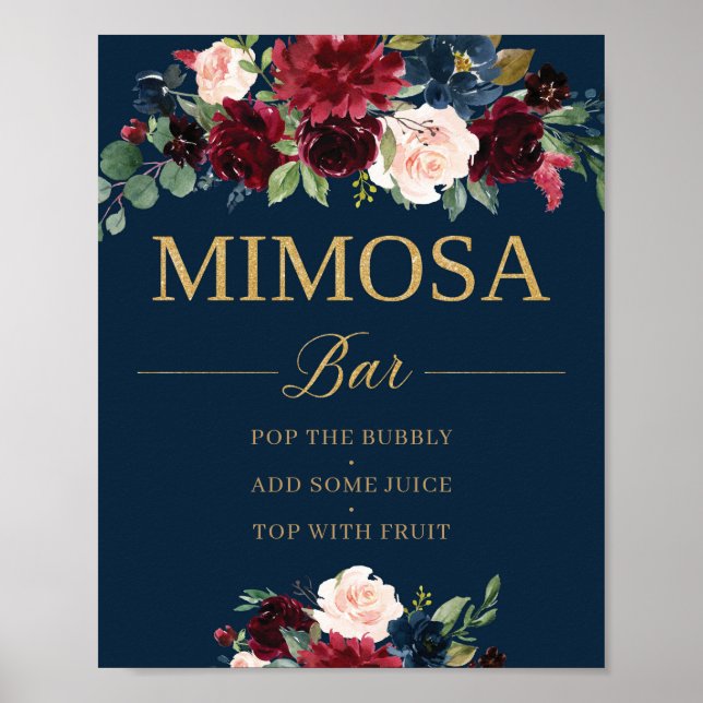  burgundisk blommigt mimosa pub bröllop-tecken poster (Framsidan)