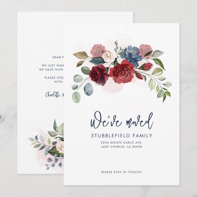 Burgundisk Blommigt Ny adress Flytta Meddelande (Fram/baksida)