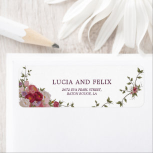 Burgundisk Blommigt och Löv Bröllop Returadress Etikett