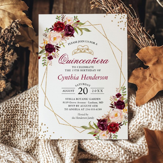  burgundisk Blommigt Quinceañera 15:e födelsedagen Inbjudningar (Skapare uppladdad)