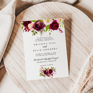  burgundisk Blommigt, traditionell Bröllop Inbjudningar