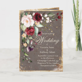 burgundisk Blommigt vattenfärg Rustic Bröllop i Inbjudan