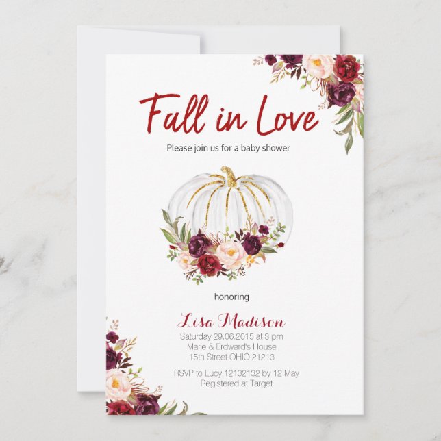 Burgundisk Blommigt Vita Pumpkin Babyskor Inbjudningar (Framsida)