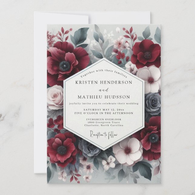 Burgundisk blomning - överdådig wedding inbjudningar (Framsida)