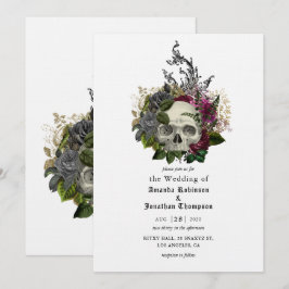 Burgundisk blomskalle Halloween gotiskt bröllopsin Inbjudningar