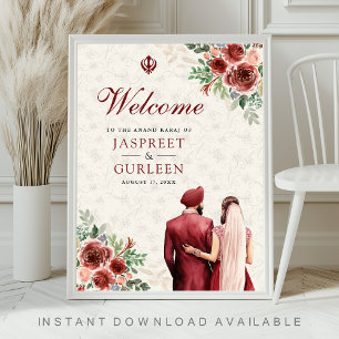 Burgundisk blomster Anand Karaj bröllops välkomsts Poster