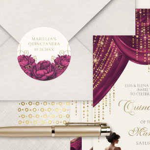 Burgundisk blomster elegant Quinceanera Runt Klistermärke