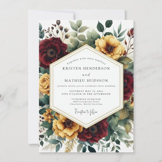 Burgundisk blomster höstbröllop inbjudningar (Framsida)