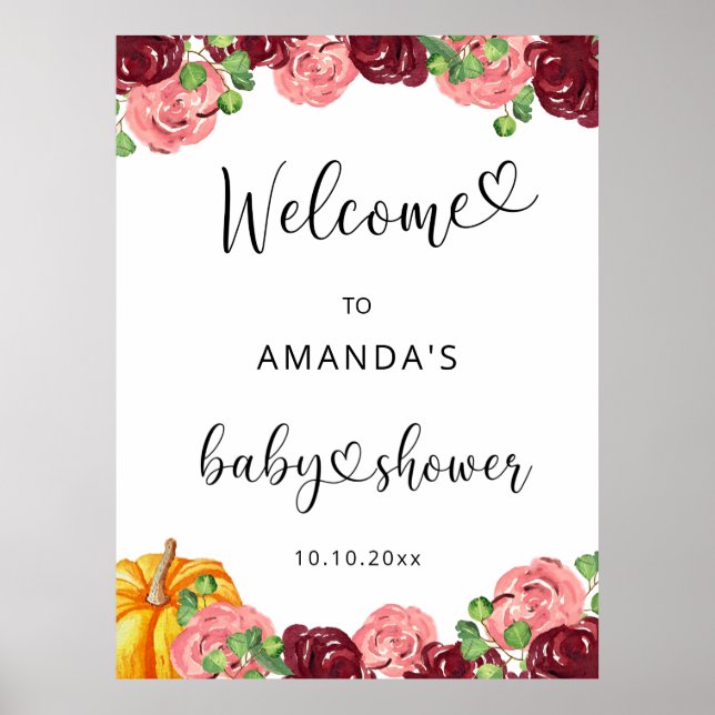 Burgundisk blomster höstpumpa bebis shower välkomm poster (Framsidan)