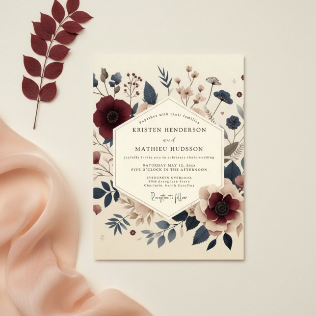 Burgundisk blomster höstromantik bröllop inbjudningar (Skapare uppladdad)