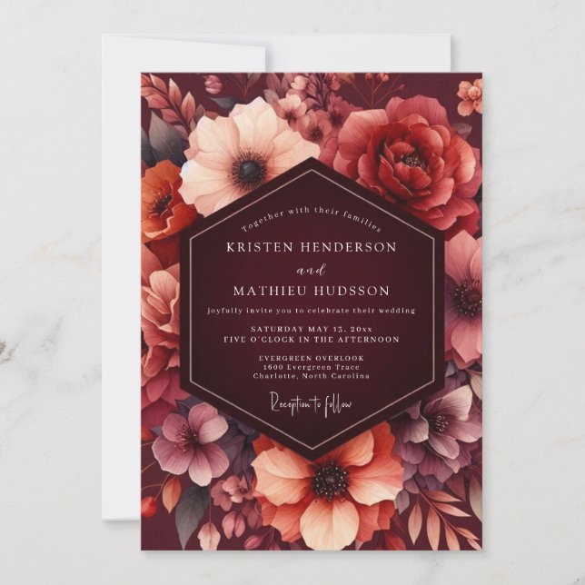 Burgundisk blomster vintage bröllop inbjudningar (Framsida)