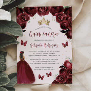 Burgundisk blomsterakvarell prinsessa Quinceañera Inbjudningar