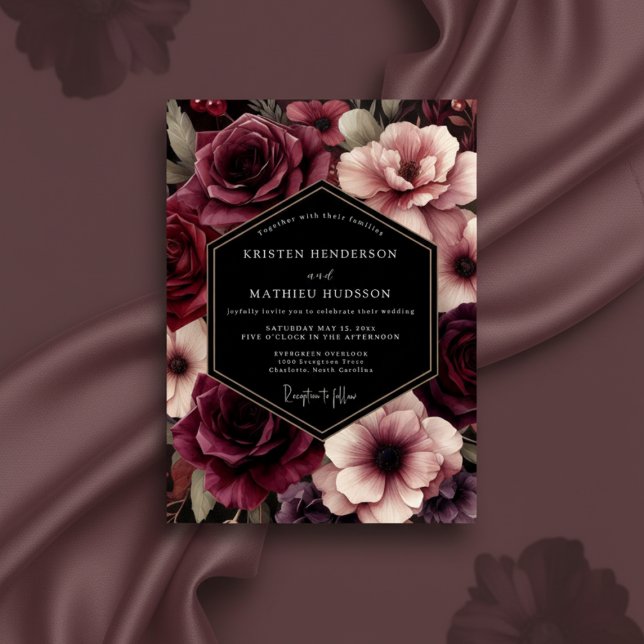Burgundisk blomsterbröllop inbjudningar (Skapare uppladdad)