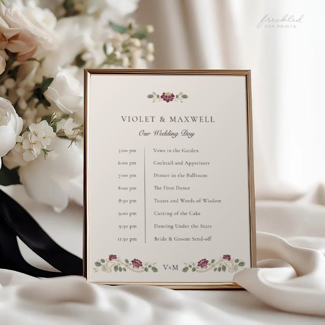 Burgundisk blomsterbröllop tidsplan skylt (Burgundy floral Art Nouveau Wedding Timeline sign)