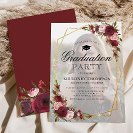Burgundisk blomsterfoto examensfestinbjudan inbjudningar