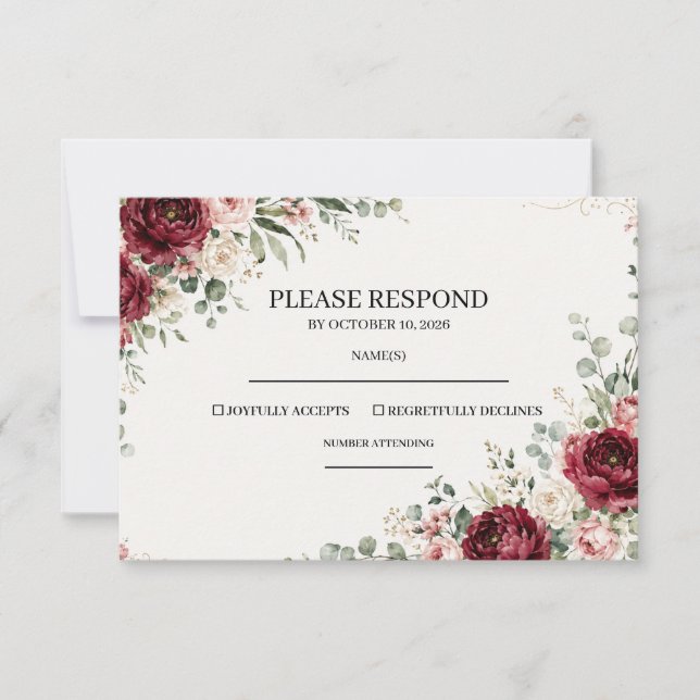 Burgundisk blomstergrönska bröllops-RSVP-kort Inbjudningar (Framsida)