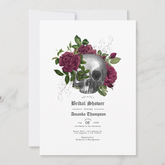 Burgundisk blomsterlik kranial gotisk bröllopsdusc inbjudningar (Framsida)