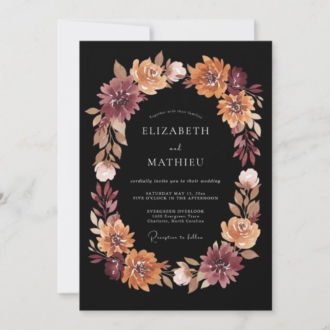 Burgundisk blomsterpenseldrag Bröllop Inbjudningar (Framsida)