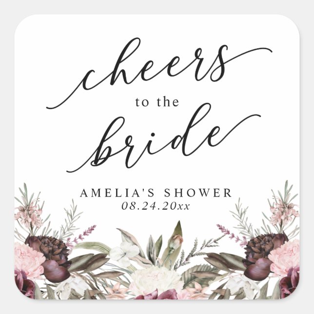 Burgundisk Boho Blommig Bröllopsfest Fyrkantigt Klistermärke (Framsida)