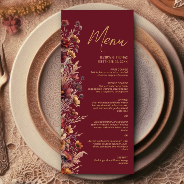 Burgundisk Boho Chic Vilda Blommor Elegant Bröllop Meny (Skapare uppladdad)