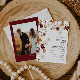 Burgundisk Boho höstblomma Foto Bröllopsinbjudan Inbjudningar