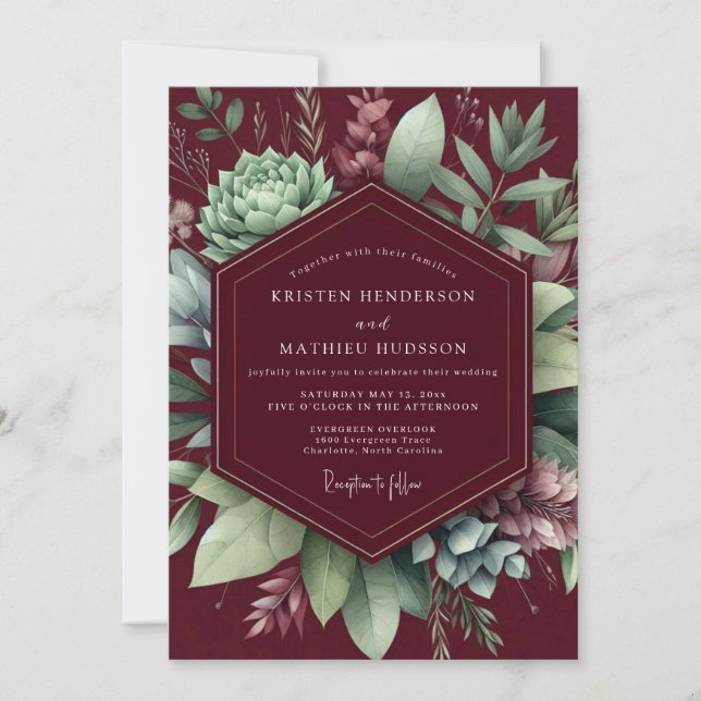 Burgundisk botanisk arrangemang bröllop inbjudningar (Framsida)